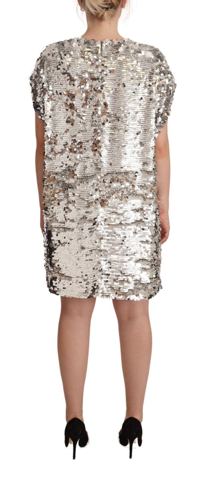 MSGM Silver Sequined Polyester Short Sleeves Shift Mini Dress - Fizigo