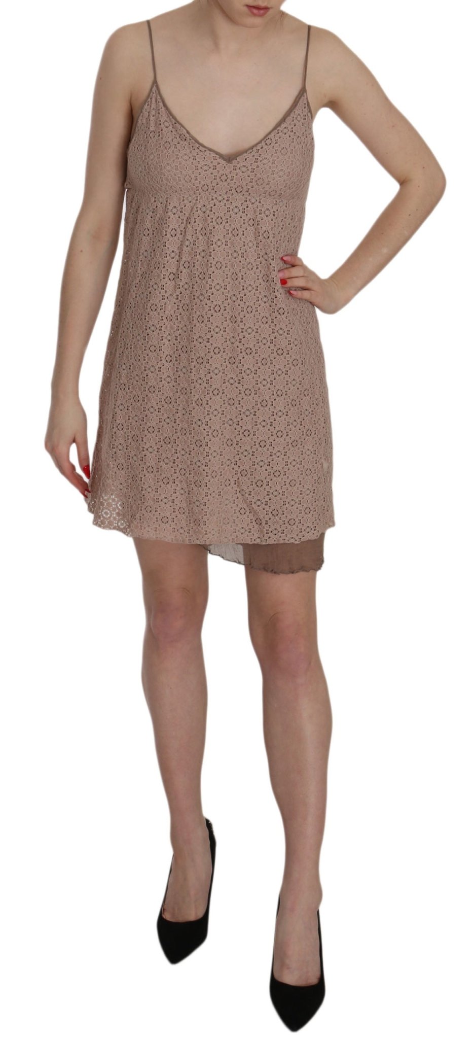 PINK MEMORIES Beige Spaghetti Strap A-line Mini Cotton Dress - Fizigo