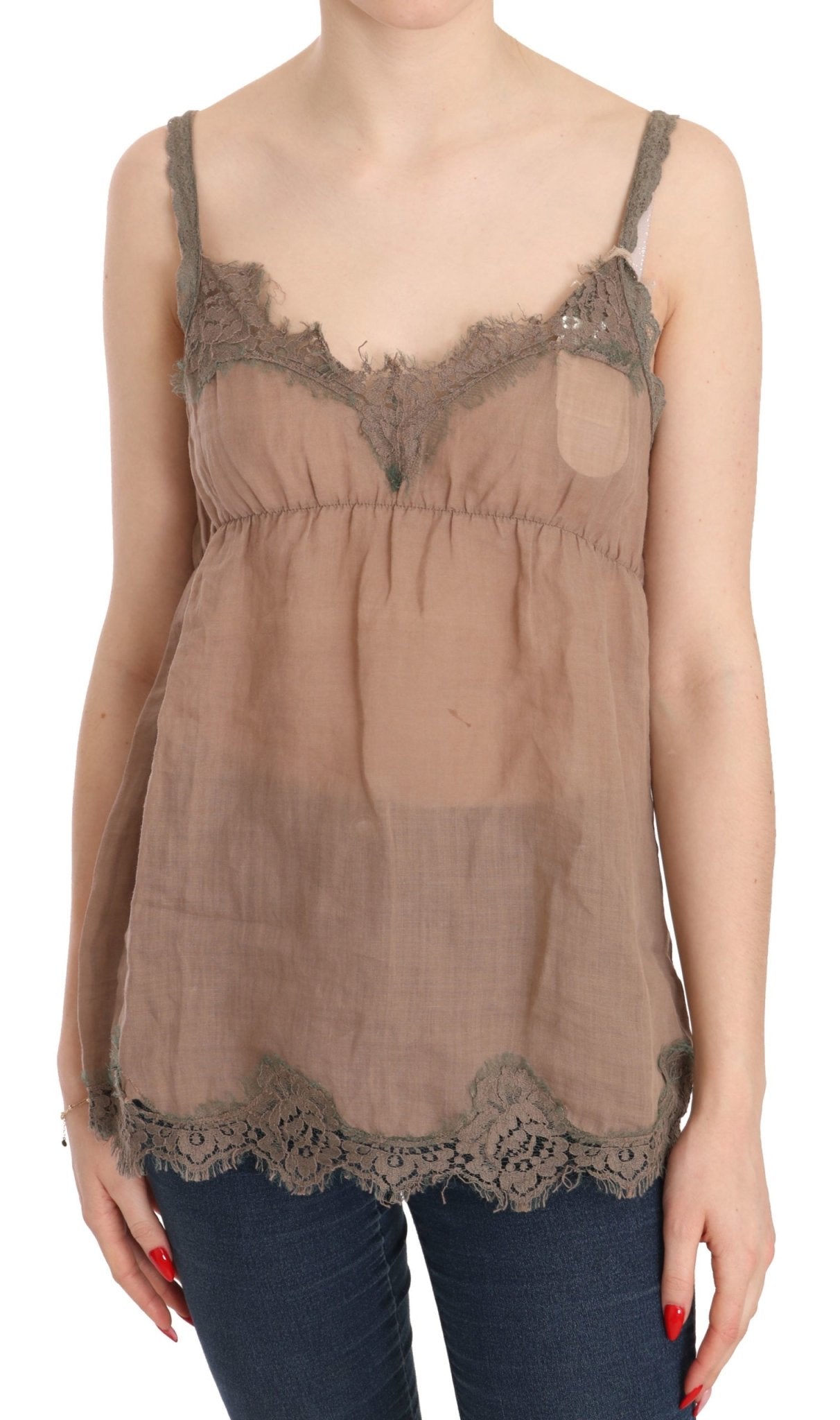 PINK MEMORIES Brown Lace Spaghetti Strap Plunging Top Blouse - Fizigo