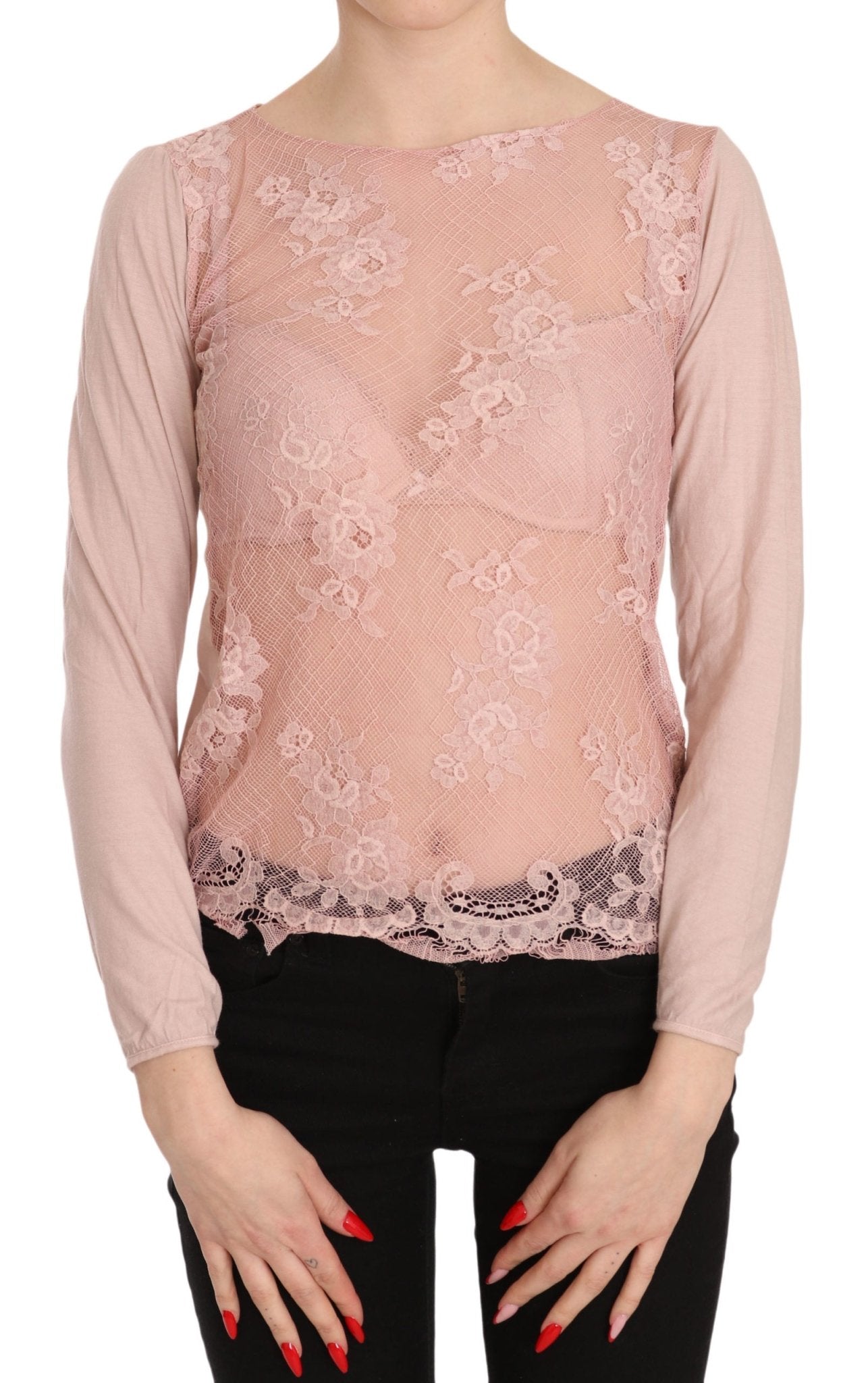 PINK MEMORIES Pink Lace See Through Long Sleeve Top Blouse - Fizigo