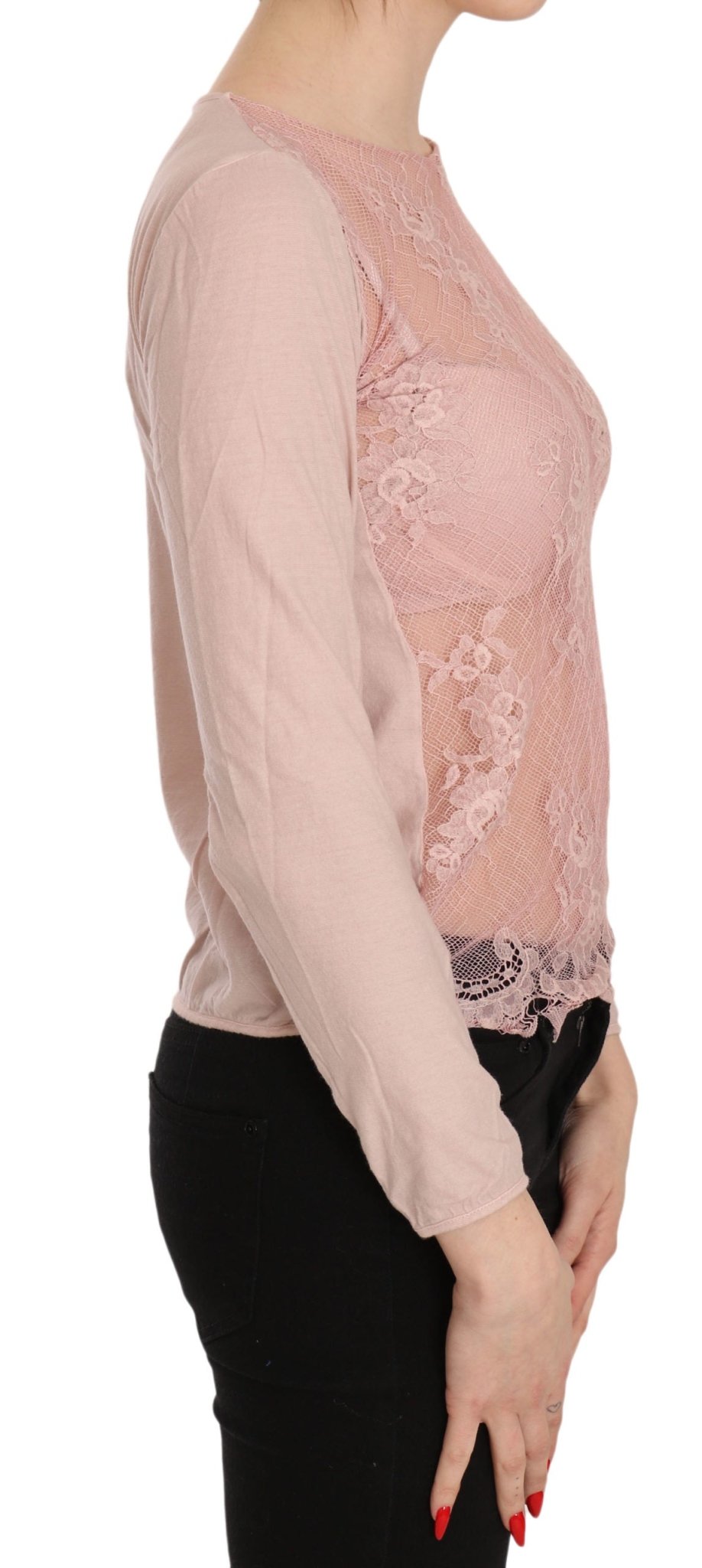 PINK MEMORIES Pink Lace See Through Long Sleeve Top Blouse - Fizigo