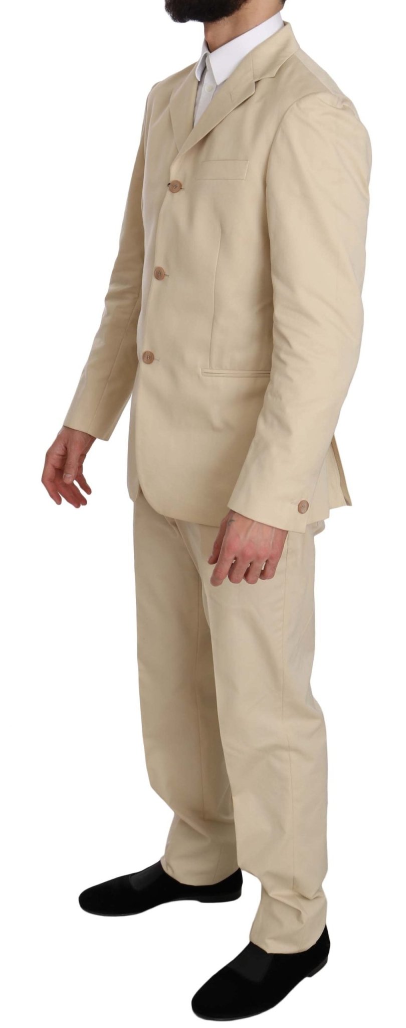 Romeo Gigli Two Piece 3 Button Beige Cotton Solid Suit - Fizigo