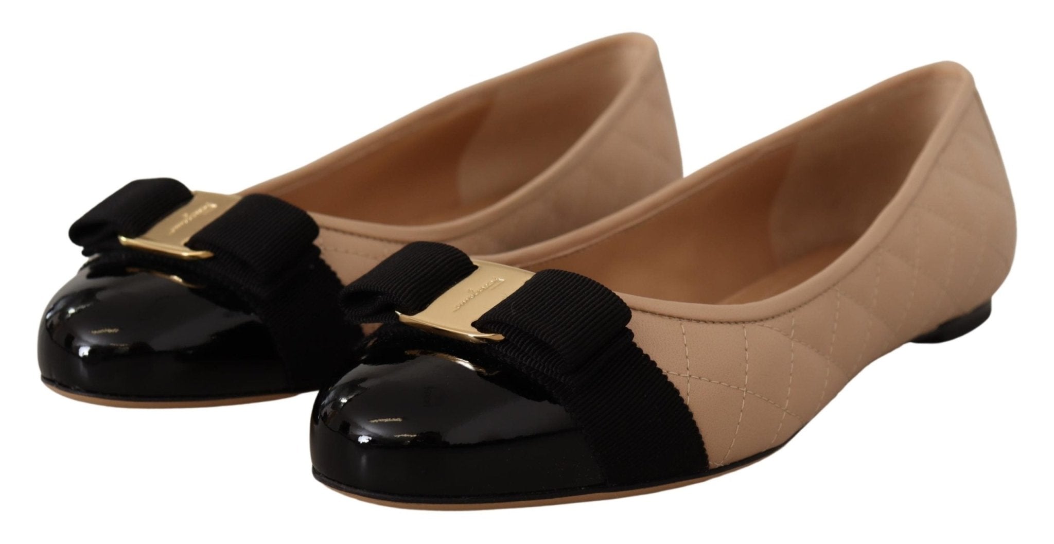 Salvatore Ferragamo Beige and Black Nappa Leather Ballet Flat Shoes - Fizigo